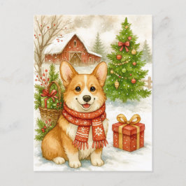 Christmas Corgi on the Farm Watercolor Postcard Helg Vykort