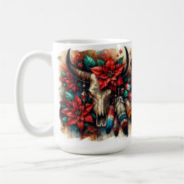 Christmas Cow Bull Skull Poinsettias Feathers Kaffemugg