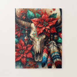 Christmas Cow Bull Skull Poinsettias Feathers Pussel