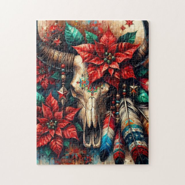 Christmas Cow Bull Skull Poinsettias Feathers Pussel (Vertikal)
