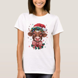 Christmas Cow with Santa Hat and Festive Lights T Shirt