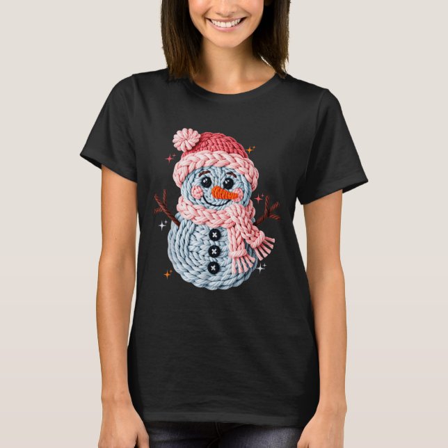 Christmas Crochet Faux Yarn Crochet Snowman Funny  T Shirt (Framsida)