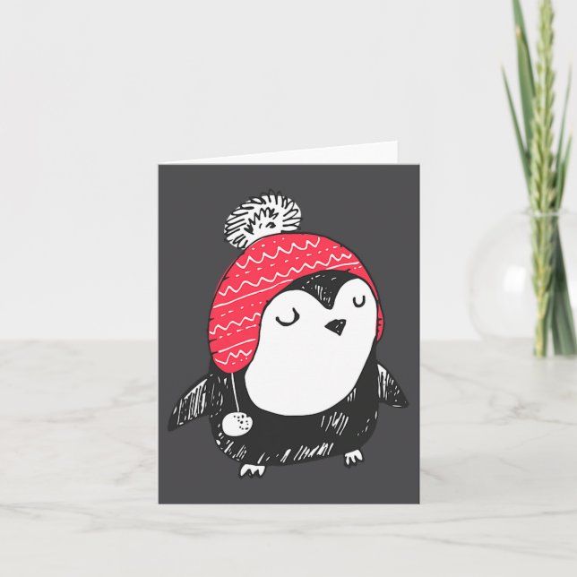 Christmas Cute Baby Penguin Wearing Winter Hat W_e Kort (Framsida)