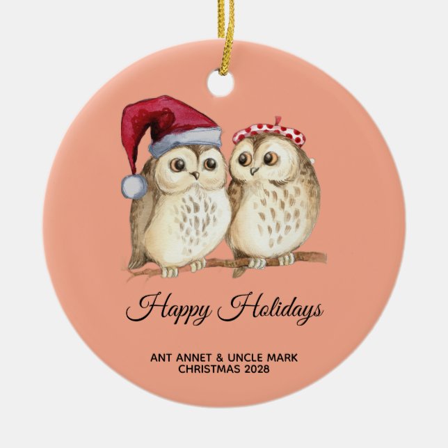 christmas cute Owl Wildlife santa's hat snow Julgransprydnad Keramik (Framsidan)