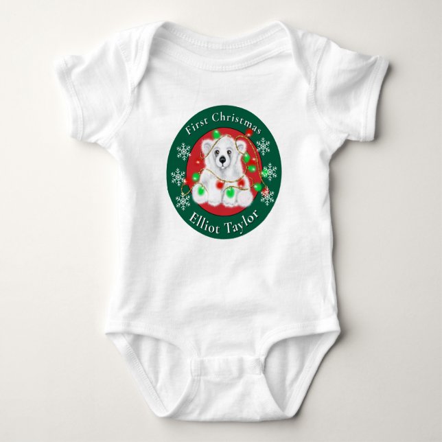 Christmas cute polar bear cub red green lights  t shirt (Framsida)