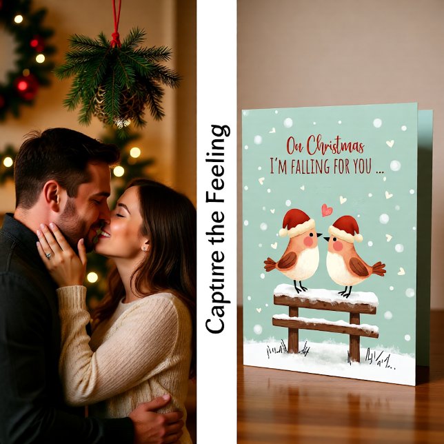 Christmas Cute Romantic Love Birds in Falling Snow Kort (Skapare uppladdad)
