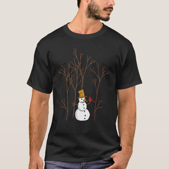 Christmas Cute Snowman and Cardinal Merry Christma T Shirt (Framsida)