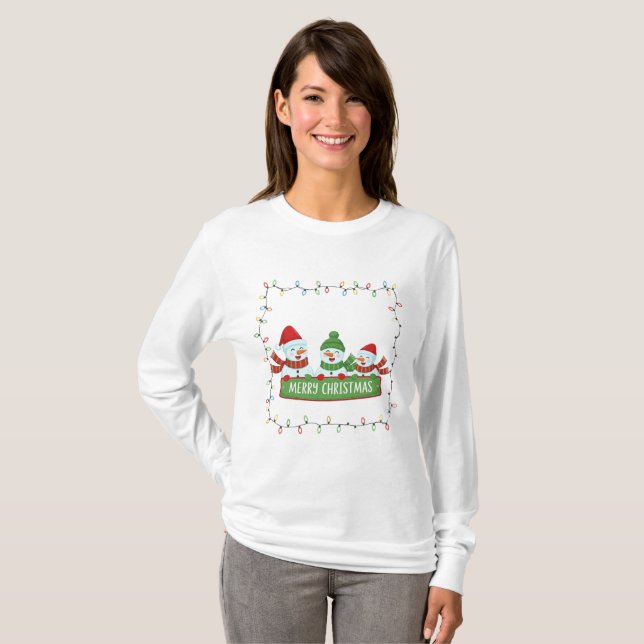 Christmas Cute Snowmen Lights Frame T Shirt (Hel framsida)