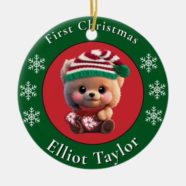 Christmas cute teddy bear cub red green lights  julgransprydnad keramik (Framsidan)