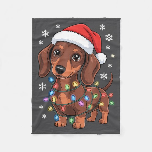 Christmas Dachshund Lights Santa Hat Holiday Dog L Fleecefilt (Framsidan)
