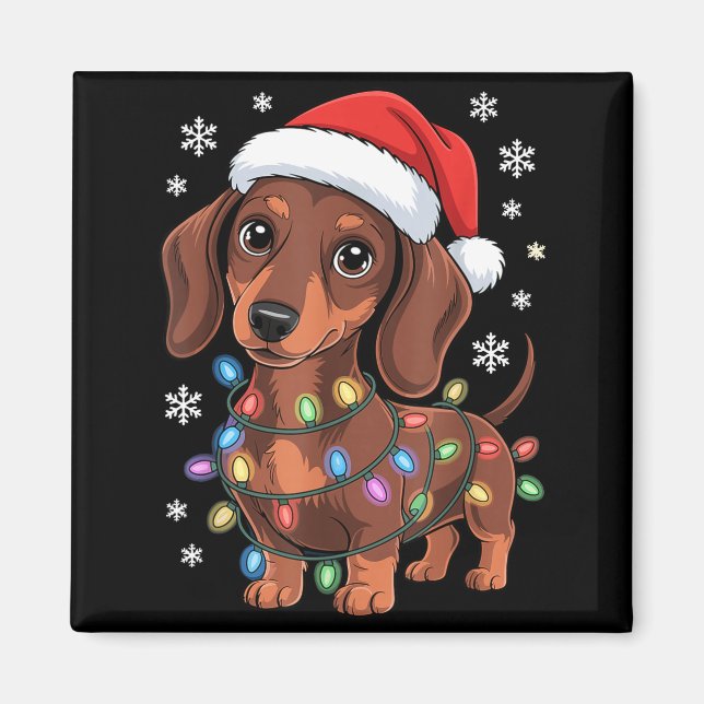 Christmas Dachshund Lights Santa Hat Holiday Dog L Magnet (Framsidan)