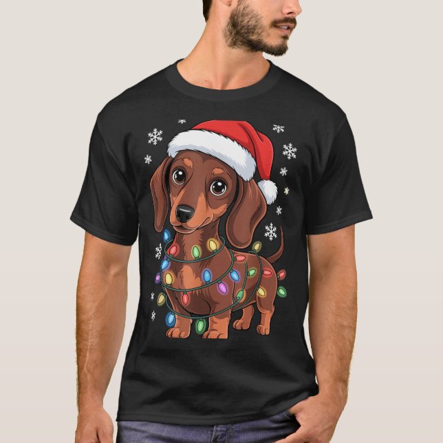 Christmas Dachshund Lights Santa Hat Holiday Dog L T Shirt (Framsida)