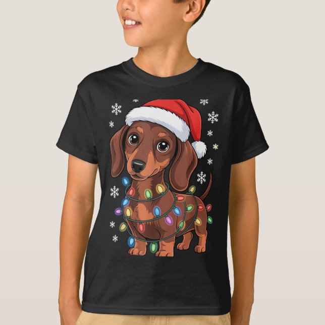 Christmas Dachshund Lights Santa Hat Holiday Dog L T Shirt (Framsida)