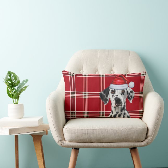 Christmas Dalmatian Dog Red Holiday Plaid Lumbarkudde (Stol)