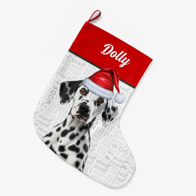 Christmas Dalmatian Dog with Name Woof Background Stor Julstrumpa (Framsidan (Hängande))