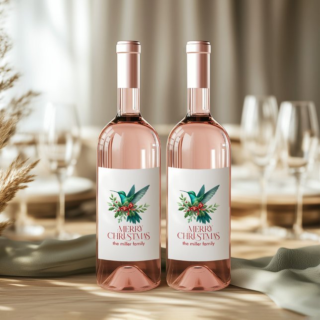 Christmas Decorated Hummingbird Merry Christmas Vinflaska Etikett (Skapare uppladdad)