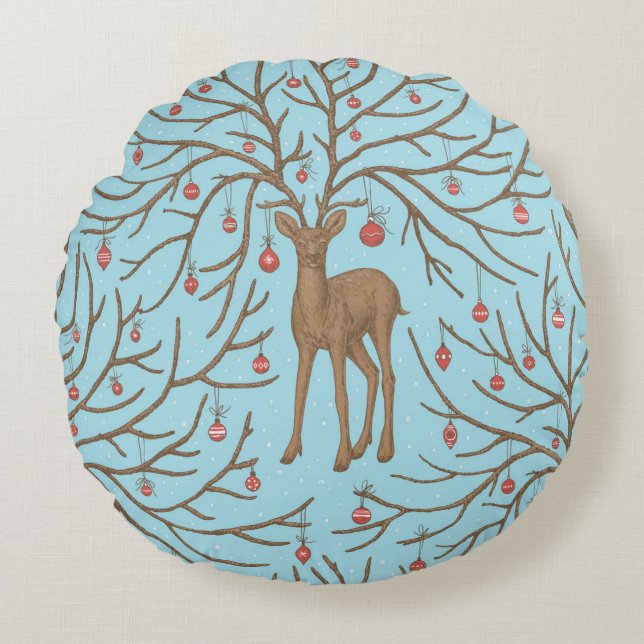 Christmas deer on blue rund kudde (Framsidan)