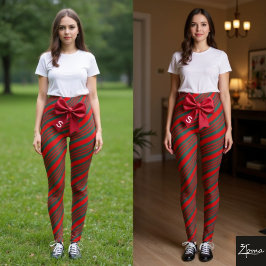 Christmas Diagonal Stripes Red Green Bow Leggings