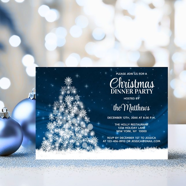 CHRISTMAS DINNER PARTY Blue White Ljus Träd Inbjudningar (CHRISTMAS DINNER PARTY Blue White Lights Tree Invitation)