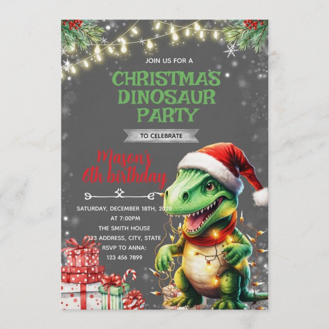 Christmas Dinosaur Birthday Invite Inbjudningar (Framsida)