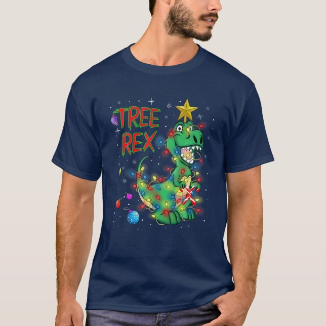Christmas Dinosaur Tree Rex Pajamas Men Boys Kids T Shirt (Framsida)