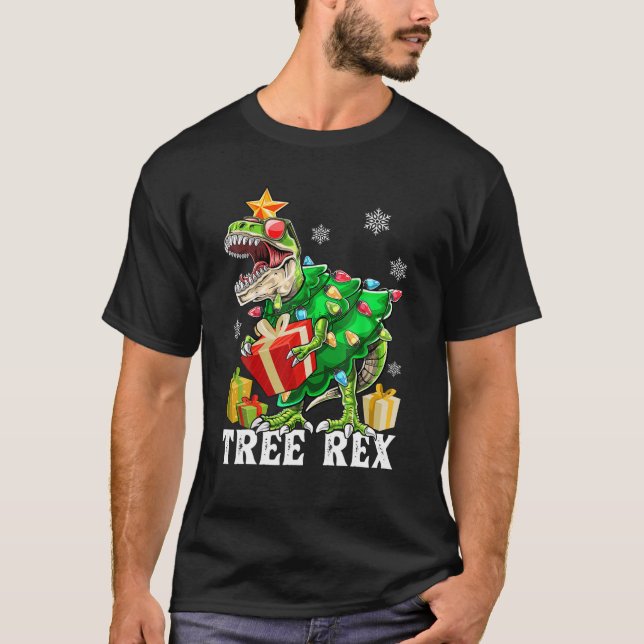 Christmas Dinosaur Tree Rex Pajamas Men Boys Kids T Shirt (Framsida)