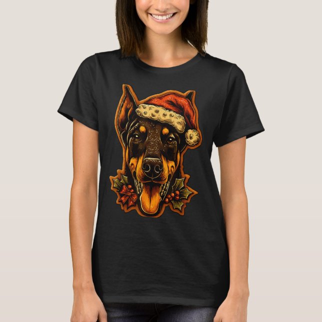 Christmas Doberman Dog With Santa Hat Gingerbread  T Shirt (Framsida)