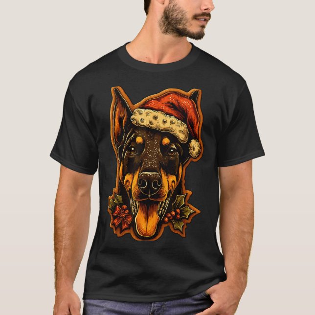 Christmas Doberman Dog With Santa Hat Gingerbread  T Shirt (Framsida)