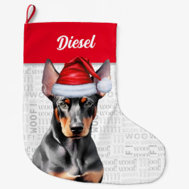 Christmas Doberman Pinscher Santa with Dog's Name Stor Julstrumpa