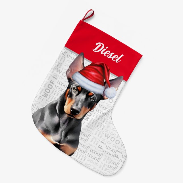 Christmas Doberman Pinscher Santa with Dog's Name Stor Julstrumpa (Framsidan (Hängande))