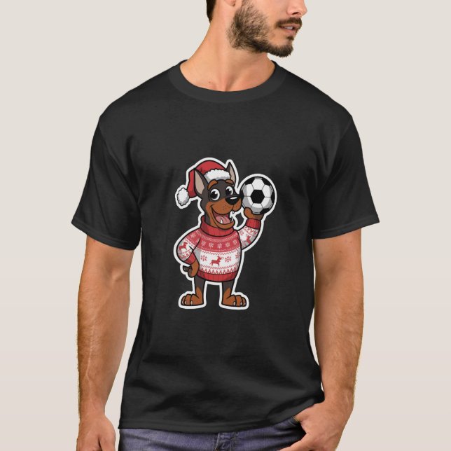 Christmas Doberman puppy with soccer ball T Shirt (Framsida)