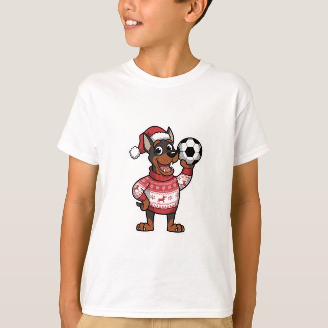 Christmas Doberman puppy with soccer ball T Shirt (Framsida)