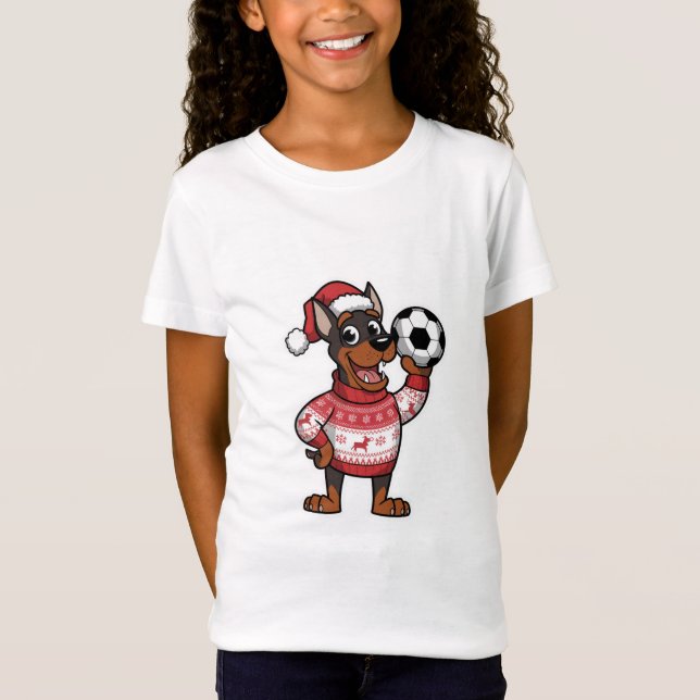 Christmas Doberman puppy with soccer ball T Shirt (Framsida)