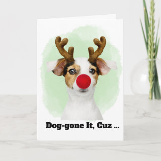 Christmas Dog with Antlers for Cousin Funny Helgkort