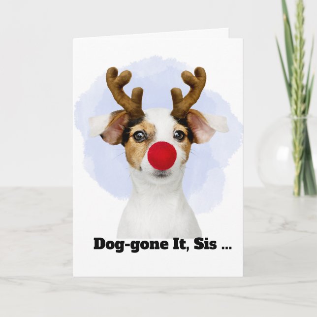 Christmas Dog with Antlers for Sister Funny Helgkort (Framsida)