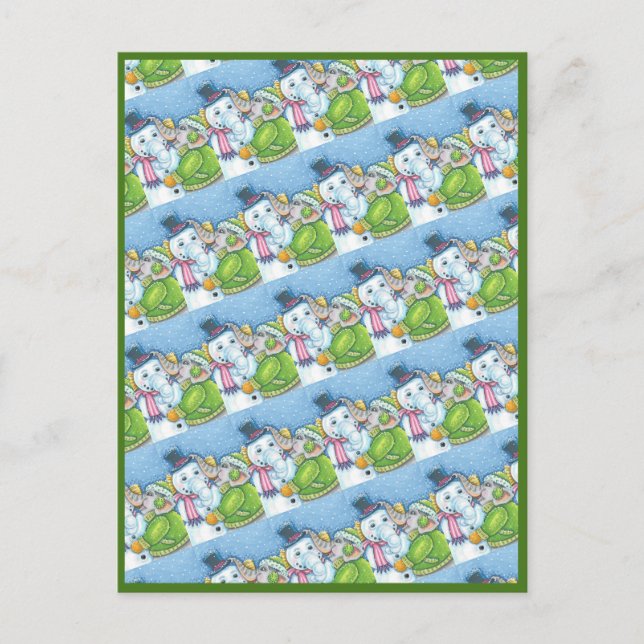 CHRISTMAS ELEPHANT BYGGNAD CUTE PACHYDERM SNÖGUBBE HELG VYKORT (Framsida)