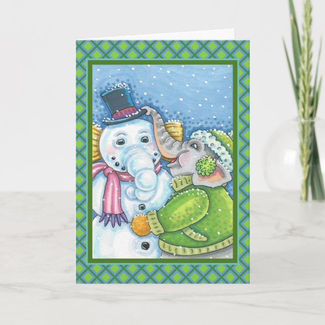 CHRISTMAS ELEPHANT BYGGNAD CUTE PACHYDERM SNÖGUBBE HELGKORT (Framsida)