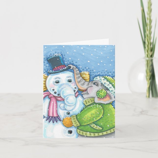 CHRISTMAS ELEPHANT BYGGNAD CUTE PACHYDERM SNÖGUBBE HELGKORT (Framsida)