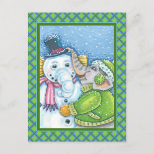 CHRISTMAS ELEPHANT BYGGNAD CUTE PACHYDERM SNÖGUBBE VYKORT