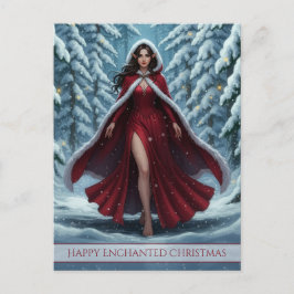 Christmas Elf in Red in Snowy Winter Forest Helg Vykort