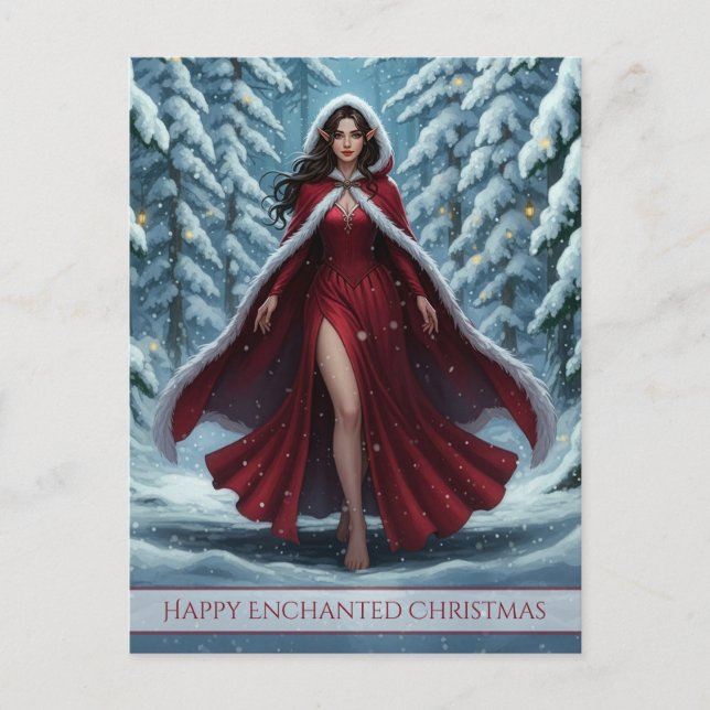 Christmas Elf in Red in Snowy Winter Forest Helg Vykort (Framsida)