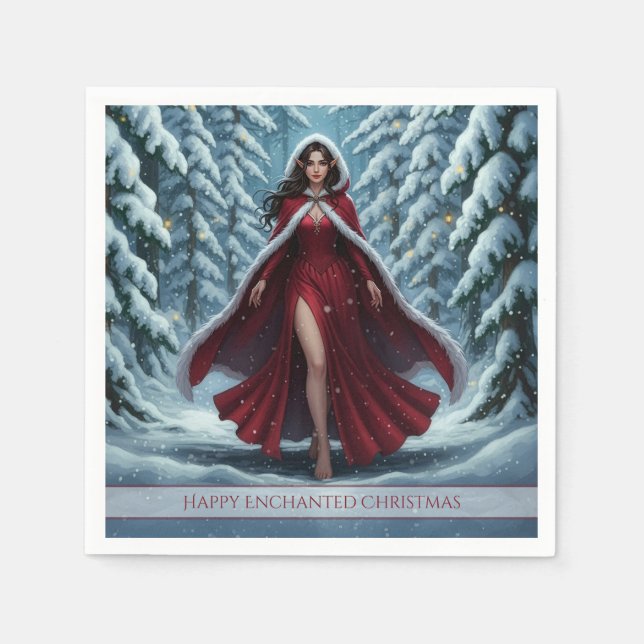 Christmas Elf in Red in Snowy Winter Forest Pappersservett (Framsidan)