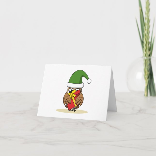 Christmas Elf Owl with Present Kort (Framsida)