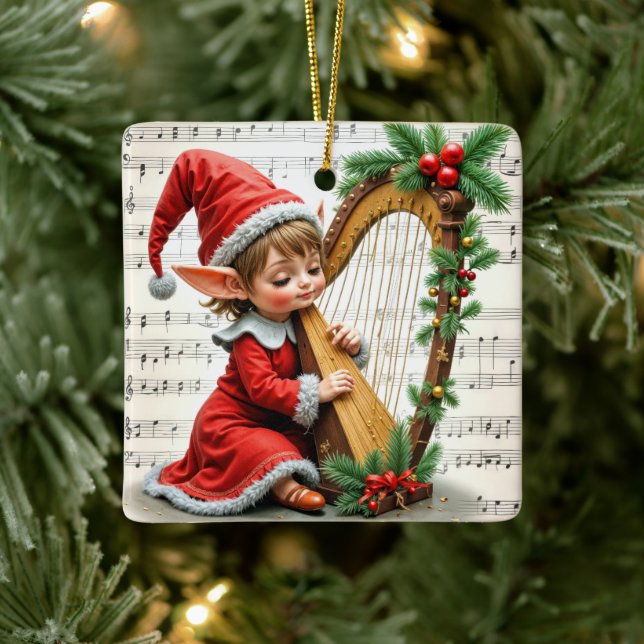 Christmas Elf Playing a Harp Julgransprydnad Keramik (Träd)