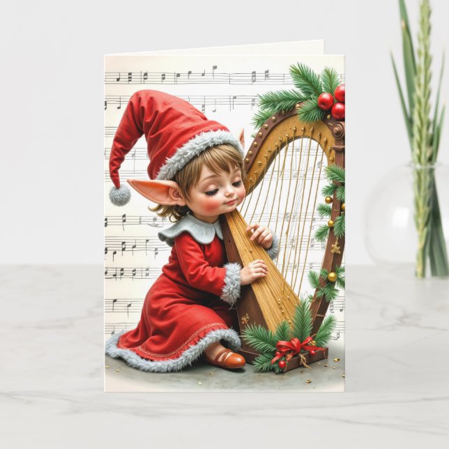 Christmas Elf Playing a Harp Kort (Framsida)