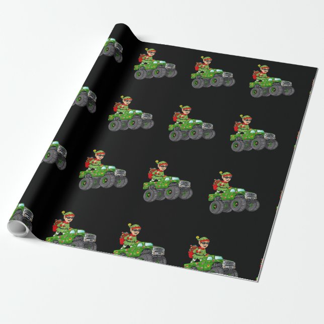 Christmas Elf Riding Monster Truck Holiday Boys Ki Presentpapper (Utrullad)