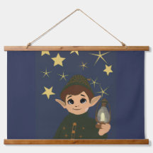 Christmas Elf Starry Night Wood Wall Tapestry