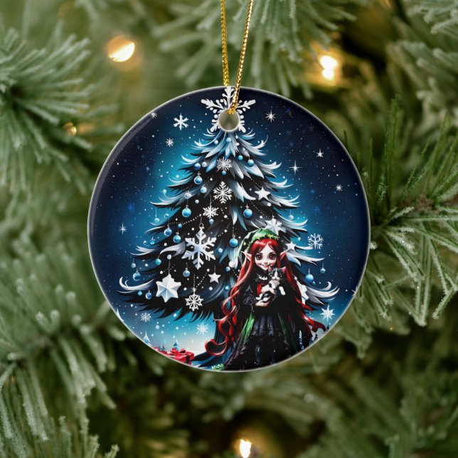 Christmas Elf with Kitten.  Julgransprydnad Keramik (Träd)