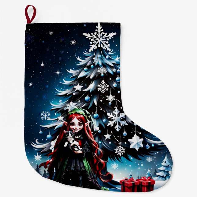 Christmas Elf with Kitten.  Stor Julstrumpa (Framsidan)