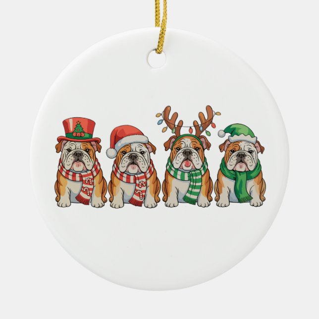 Christmas English Bulldog Dog Santa Hat Reindeer Julgransprydnad Keramik (Framsidan)